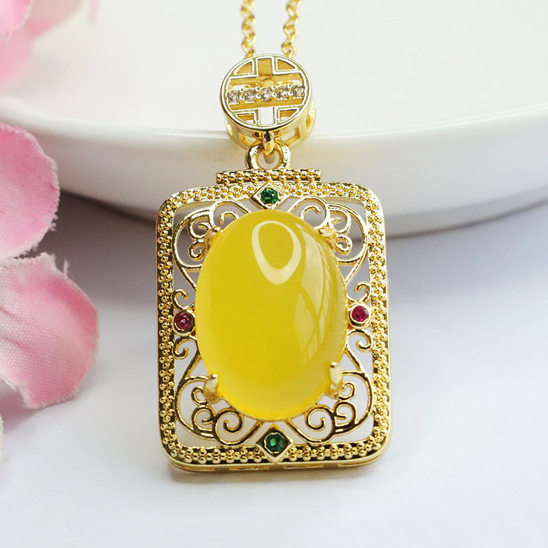 Natural Oval Red Agate Chalcedony Vintage Golden Auspicious Cloud Rectangle Pendant