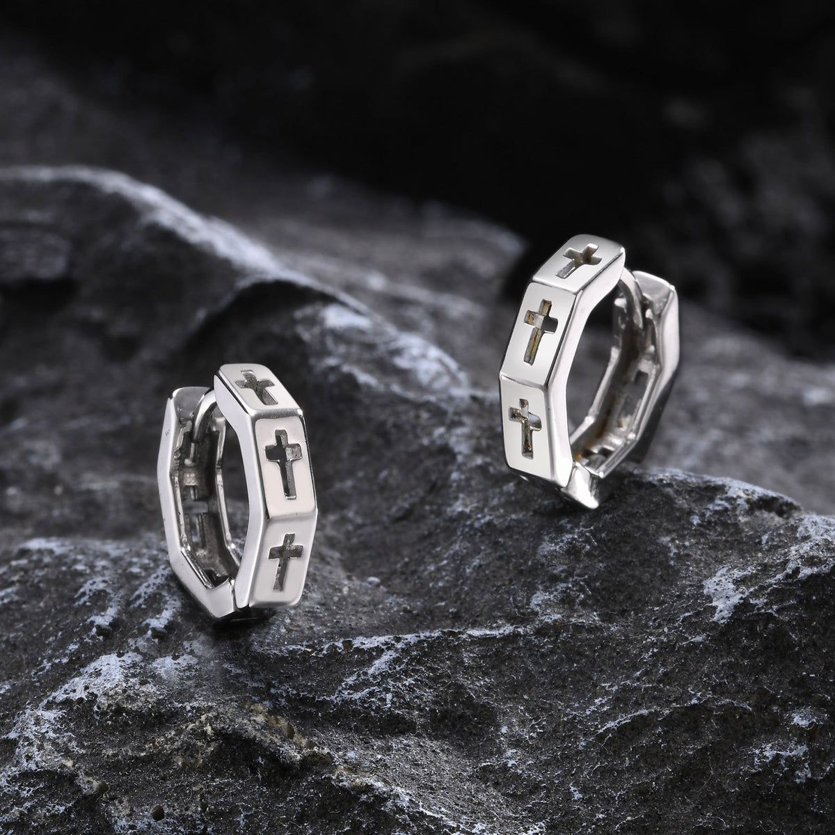 Geometric Cross Earrings — Silver or Black