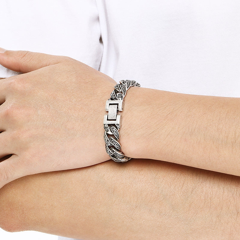 Cast Pattern – Punk Style 13mm Tang Grass Pattern Cuban Chain Titanium Steel Men's Bracelet