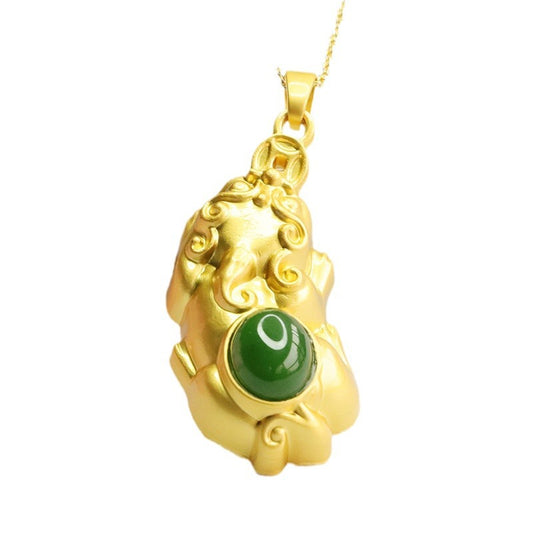 Golden Pixiu Fortune Pendant with Hetian Jade Oval Jasper - Sterling Silver Jewelry