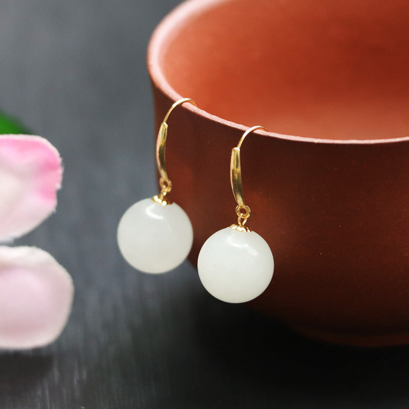 Elegant White Jade Sterling Silver Earrings with Hetian Jade Detail