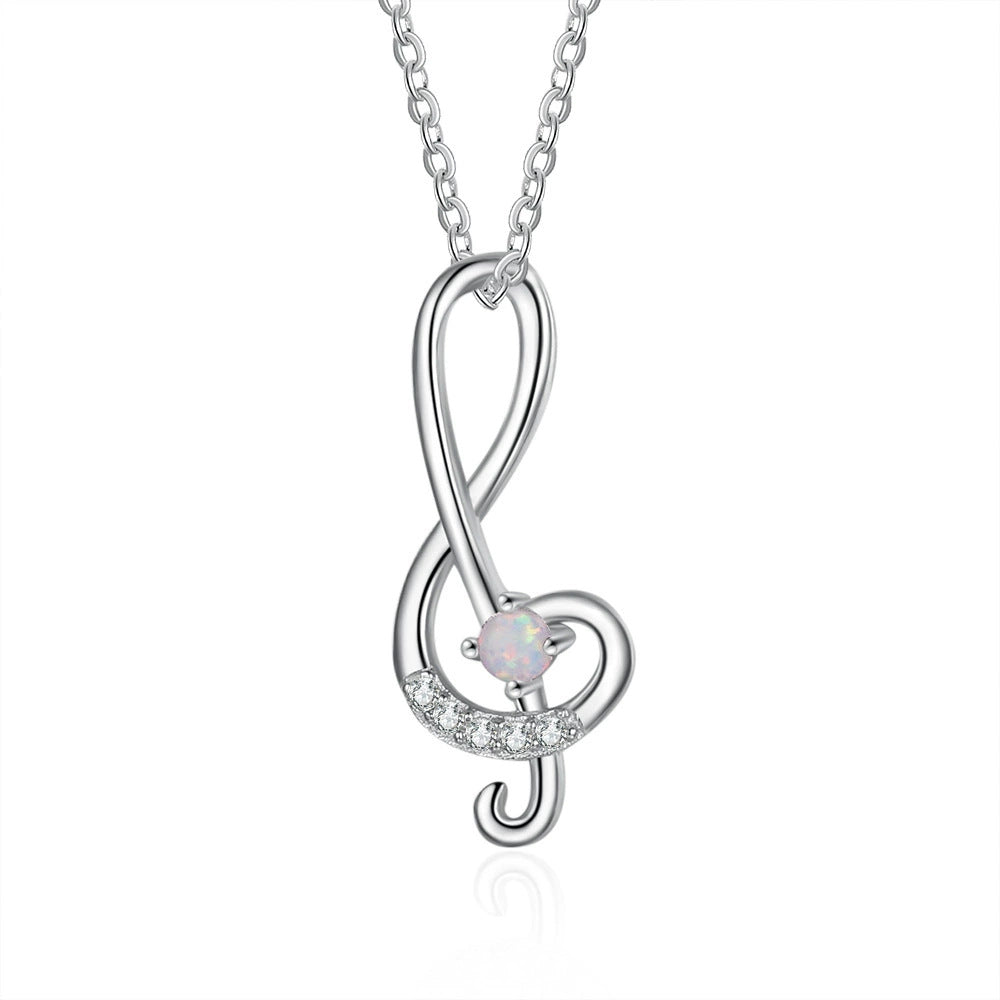 Planderful Jewelry Opal Necklace Sterling Silver Music Symbol Pendant With Zircon