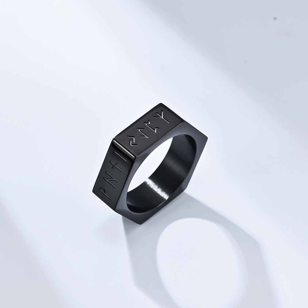 Planderful Everyday Genie Stainless Steel Ring With Hexagonal Niche And Pirate Viking Text For Hipster Vibe