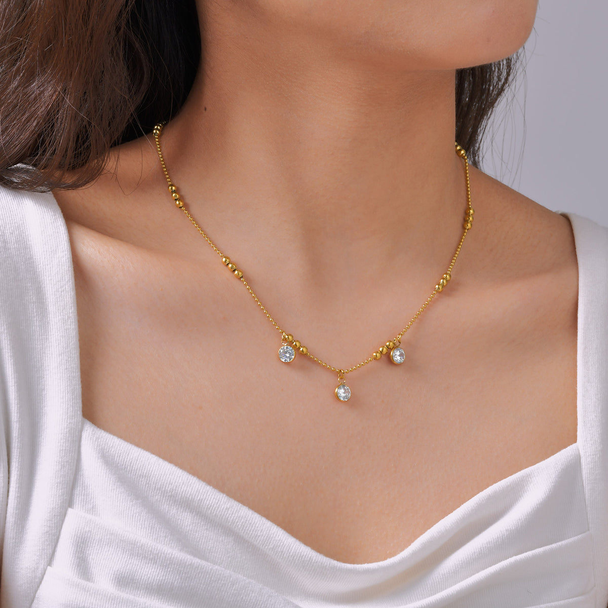 Wind Lady Collarbone Chain – Stainless Steel Bead Chain 3 Zircon Necklace