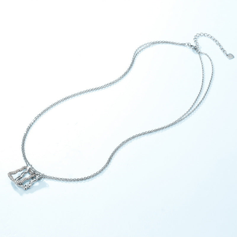 Double Hollow Wavy Rectangle Pendant Zircon Sterling Silver Necklace