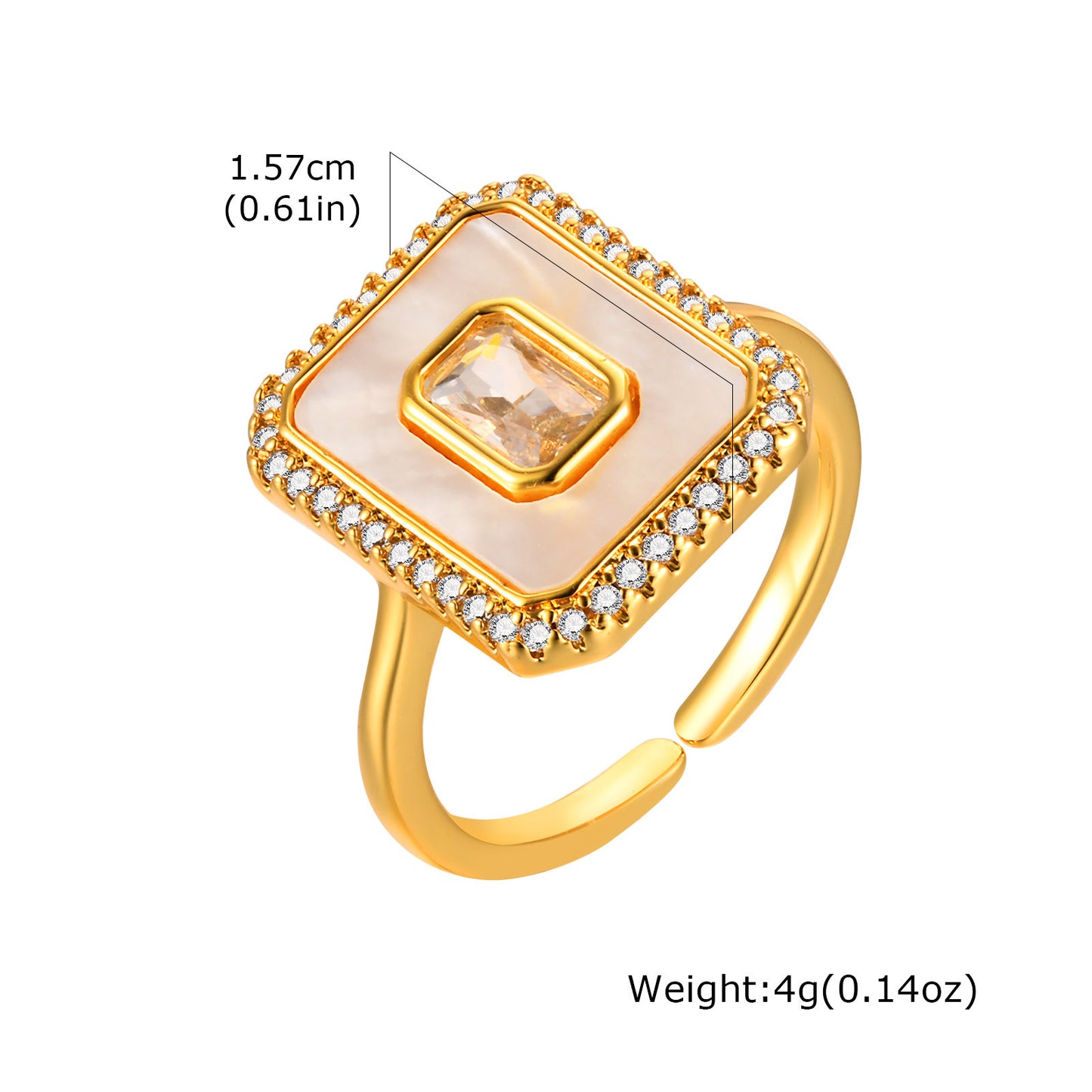 Fashion Copper Geometric Octagon Zircon Shell Open Ring Golden Lady