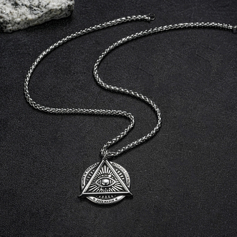 Planderful Everyday Genie Stainless Steel Devils Eye Triangle Pendant Necklace For Men Hip Hop Retro Style