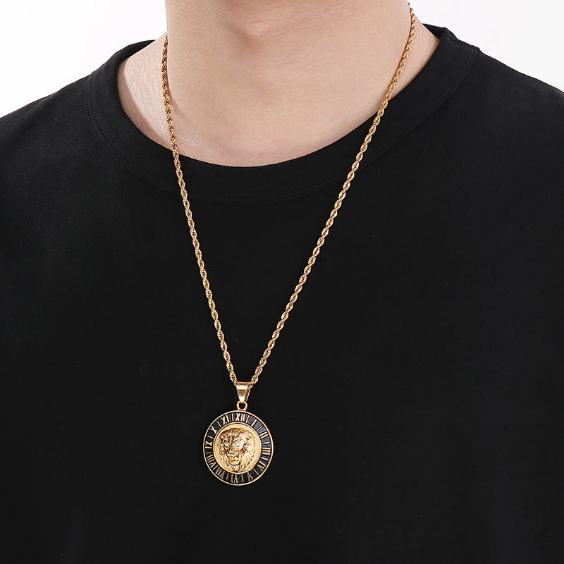 Planderful Zircon Lion Head Pendant Men Hip Hop Compass