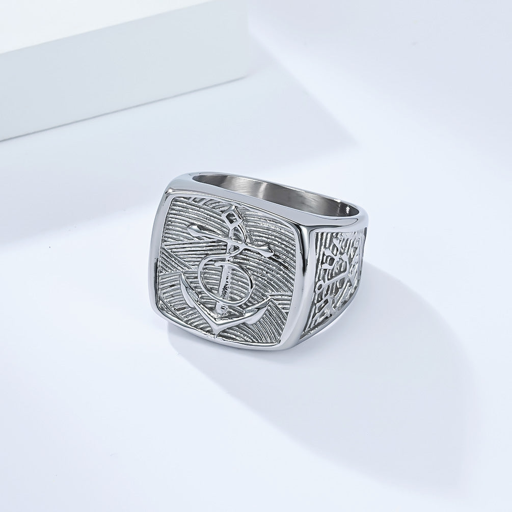 Planderful Titanium Steel Ring for Men Retro Anchor Rudder Style Durable Fashion Jewelry