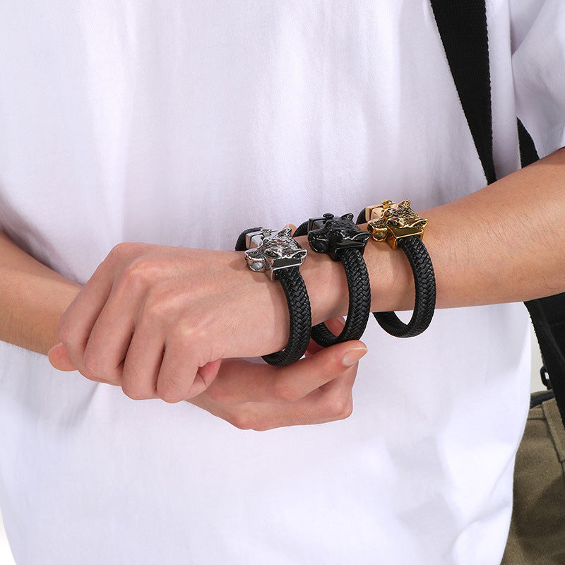 Planderful Mens Leather Wolf Head Bracelet Punk Style