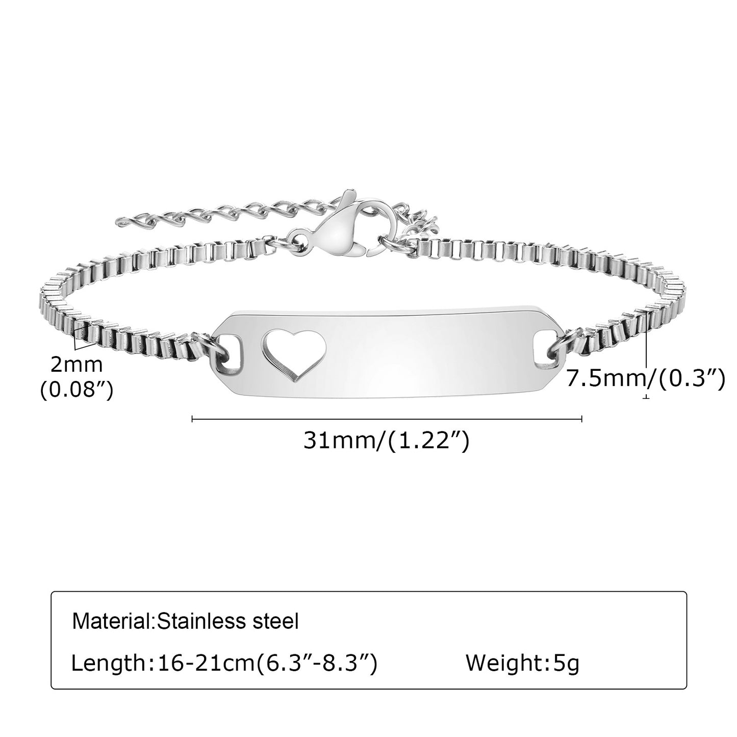 Personalized Simple Stainless Steel Curved Box Chain Bracelet