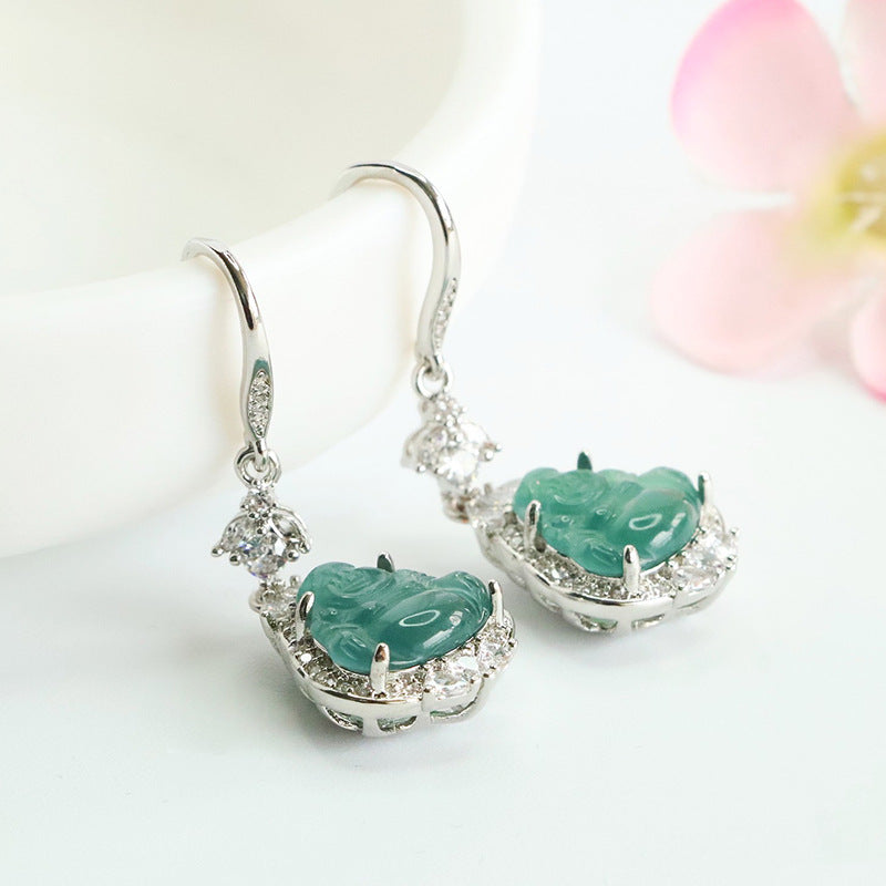 Blue-Water Jadeite Buddha Zircon Halo Earrings