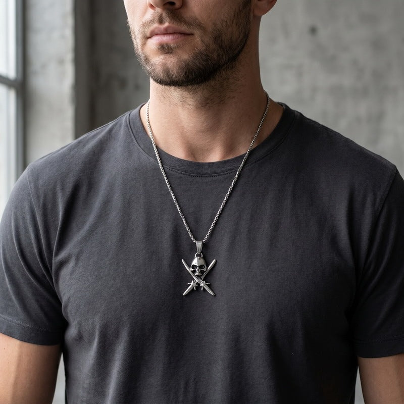 Viking Weapon Element Pendant Punk Street Double Knife Skull Baseball Bat Skull Necklace