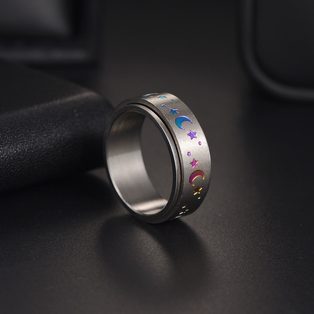 Celestial Rotating Silver Star Moon Ring - Stainless Steel Unisex Jewelry Bulk Buy
