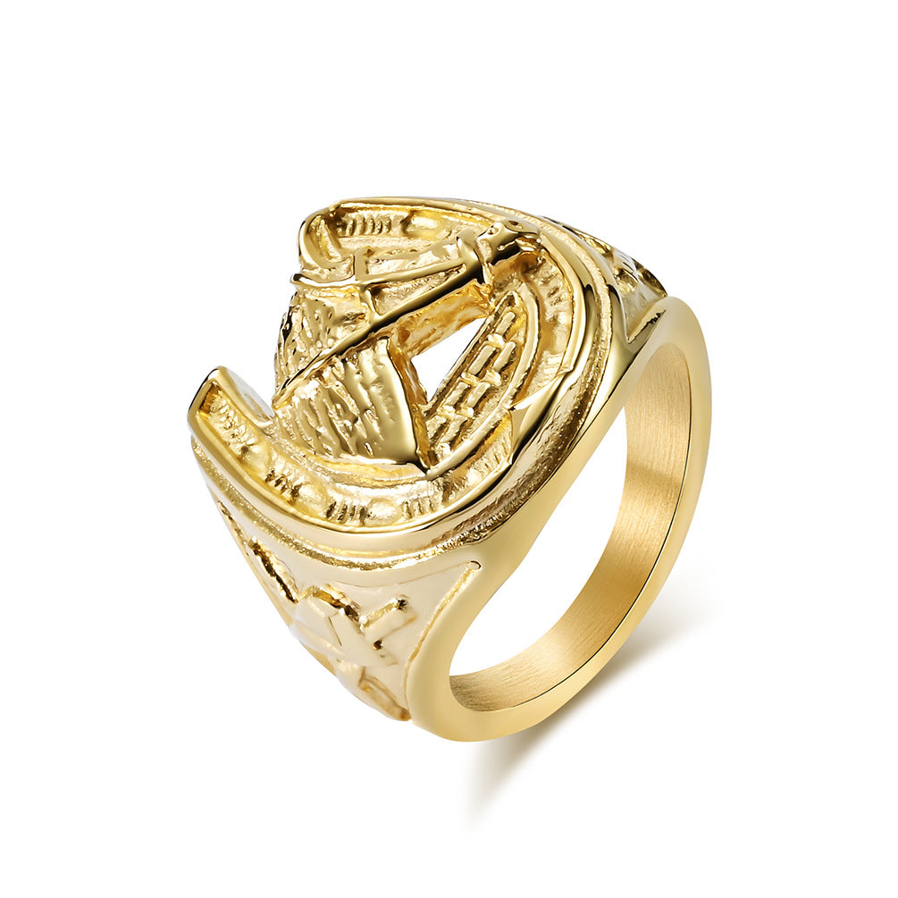Retro Horse Head Horseshoe Titanium Steel Ring for Men