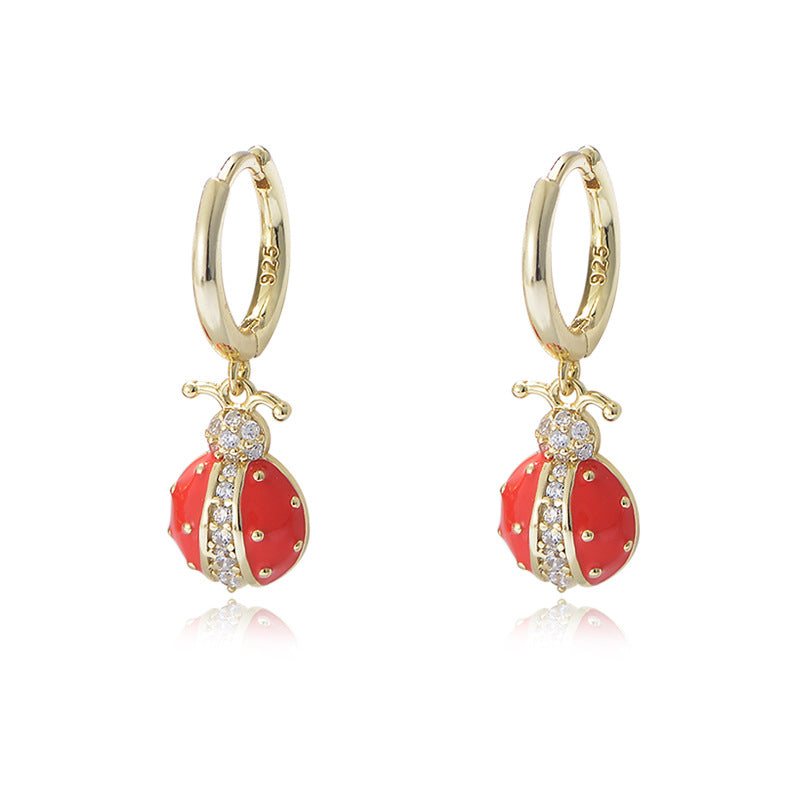 S925 Pure Silver Cute Playful Drip-Tape Zircon Ladybug Earrings Insect Earrings, Style