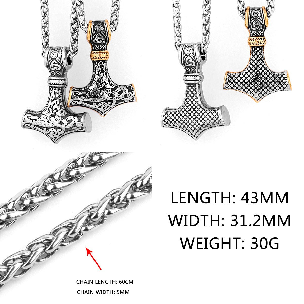 Planderful Thors Hammer Pendant Titanium Steel Necklace For Men With Bold Viking Triangle Knot Logo