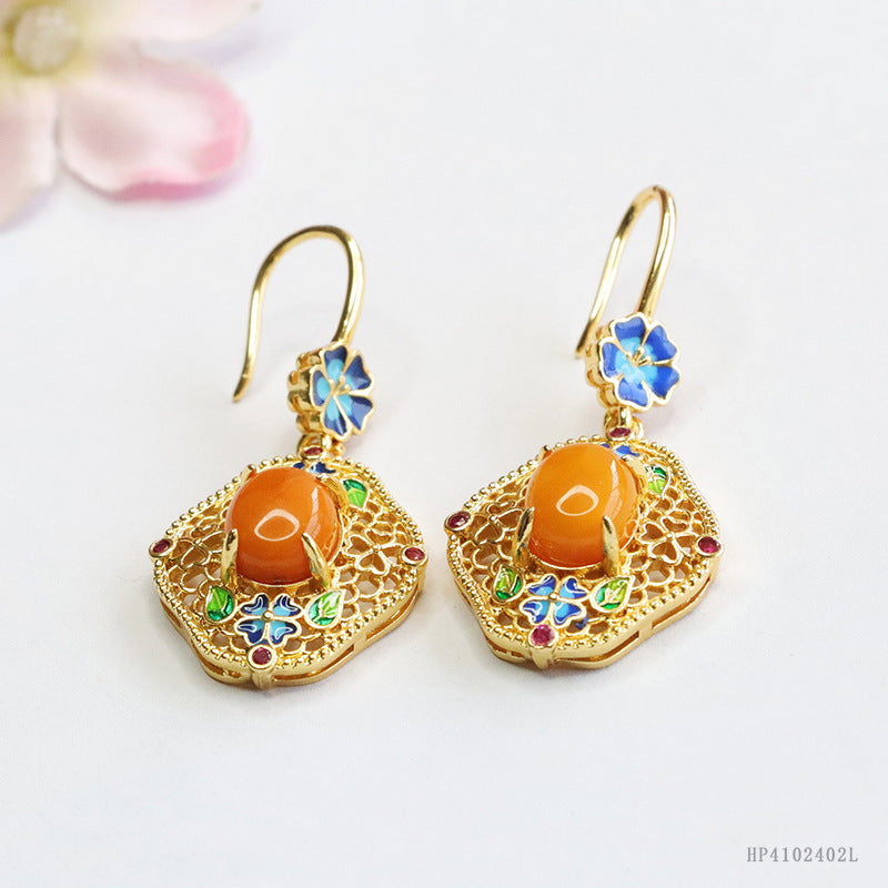 Beeswax Amber Enamel Flower Drop Earrings
