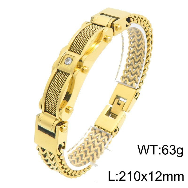 Buckle Front & Back Chain – Hip-Hop Zircon Weiya Line Mesh Curved Bar Stainless Bracelet