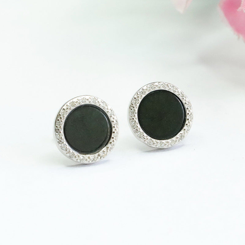 Dark Jadeite Peace Plaque 925 Silver Stud Earrings
