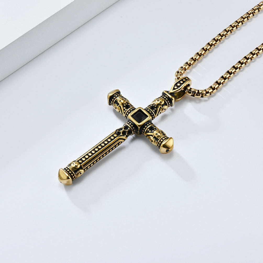 Cross-Border Retro European American Stainless Steel Cross Necklace for Men