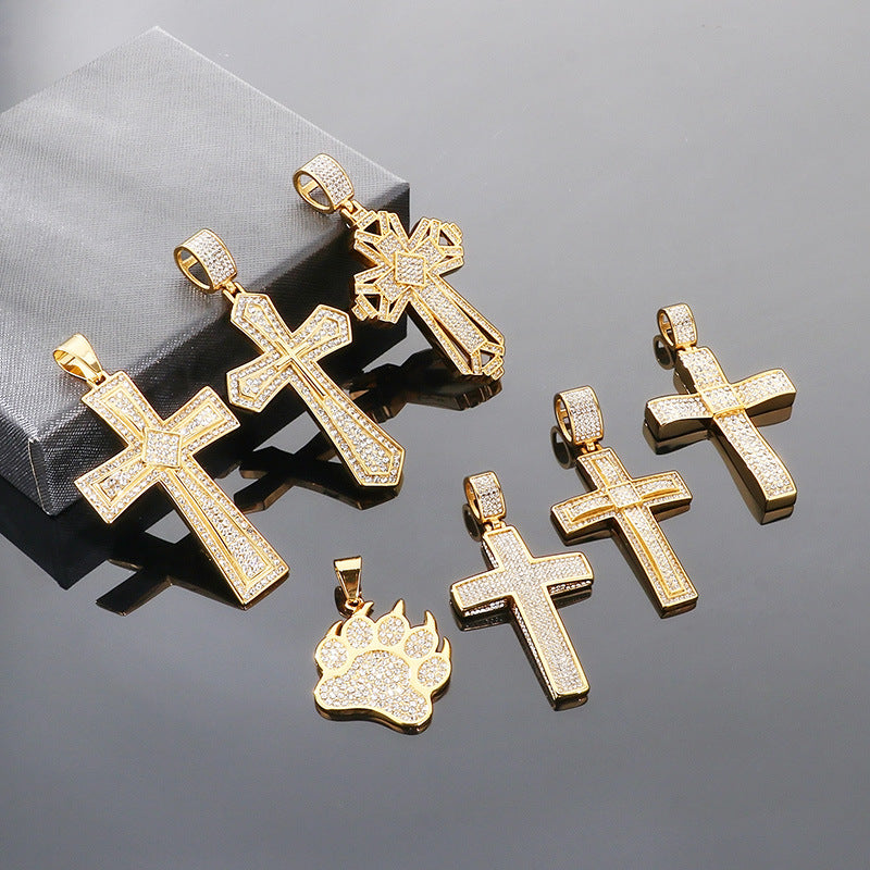 Bear Paw Pendant, Hip-Hop Three-Dimensional Double-Layer Cross Inlaid With Zircon Pendant, Titanium Steel Necklace