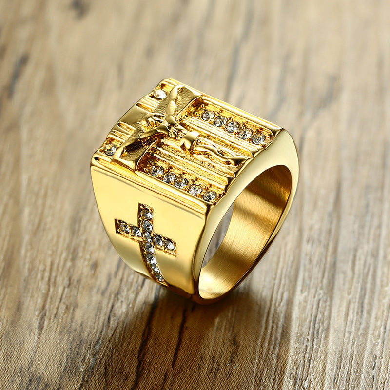 Men Rings Ring Titanium Steel Rhinestone Cross Gold Ring