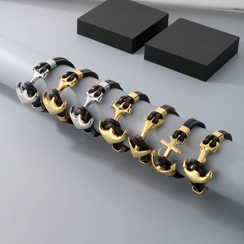 Planderful Men Pirate Durable Steel Cowhide Anchor Bracelet