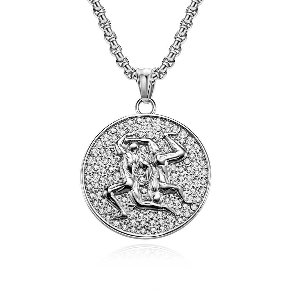 Planderful Twelve Constellations Zircon Titanium Steel Pendant For Hip Hop Style Fans
