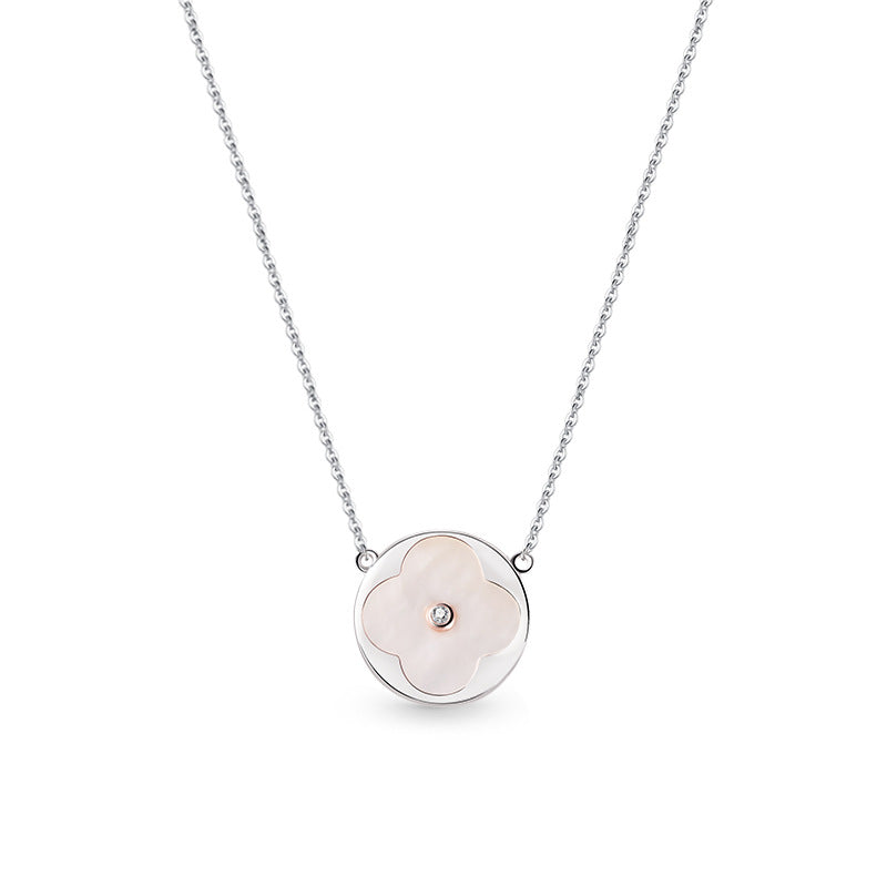 Circle Mother of Pearl Four Leaf Clover Silver Necklace
