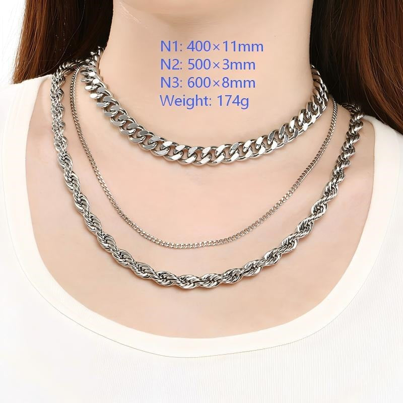 Hipster Stainless Steel Plain Chain Hip Hop Simple Multilayer Stacked Strap Cuban Chain Necklace