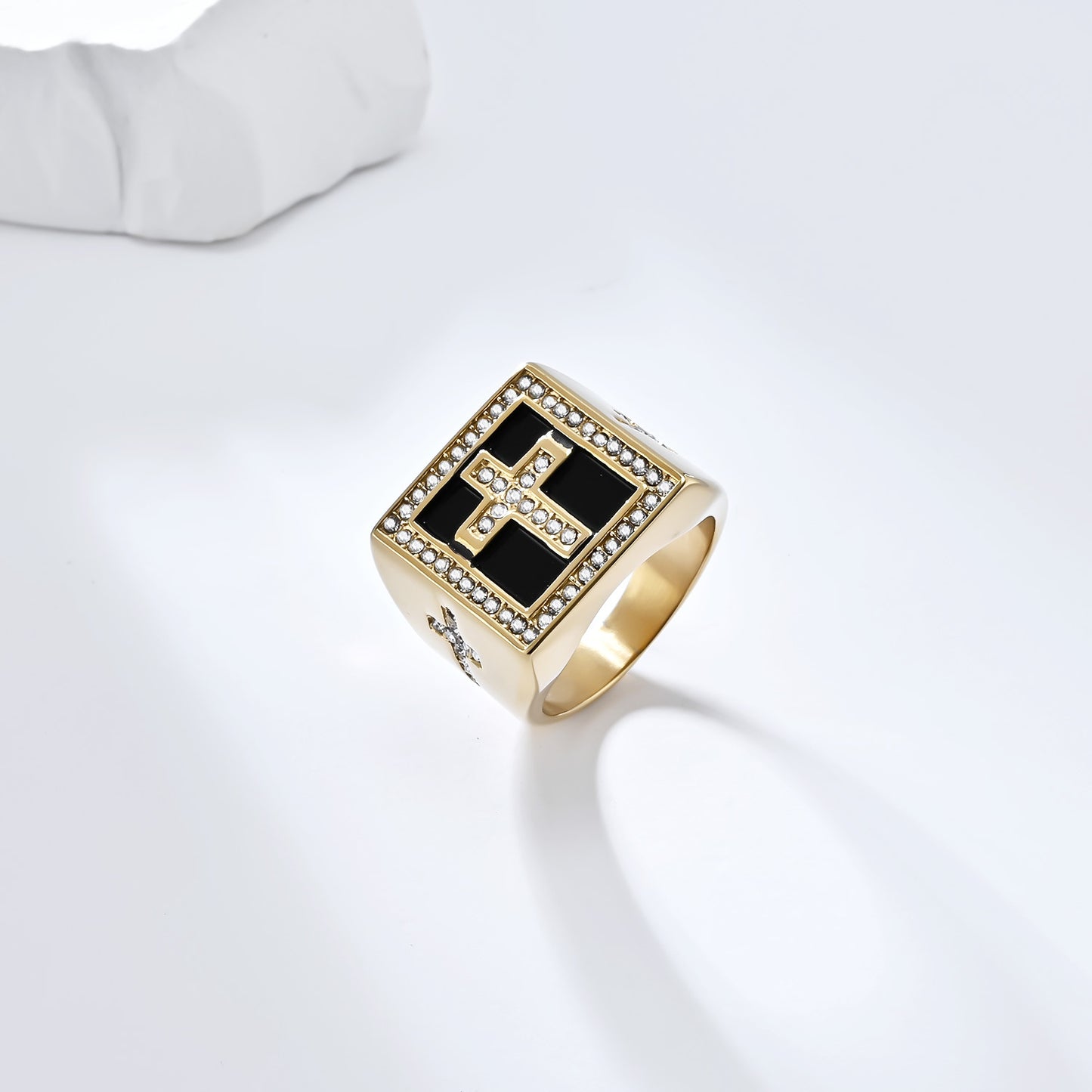 Planderful Hip Hop Ring For Men Zircon Cross Square Seal Plated Titanium Steel Bold Statement