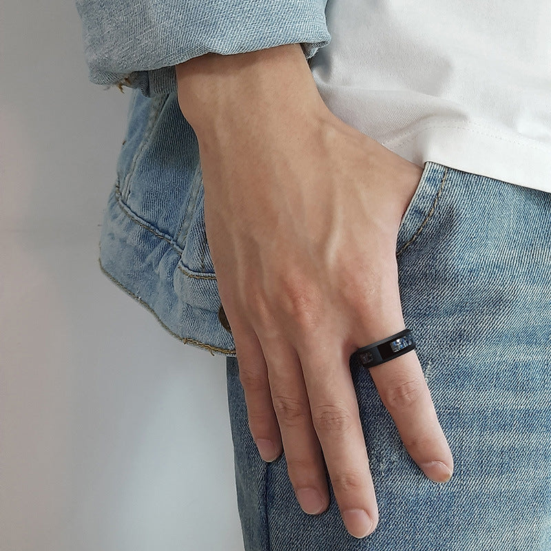 Face Width 8MM Stainless Steel Men's Ring Blue Black Carbon Fiber
