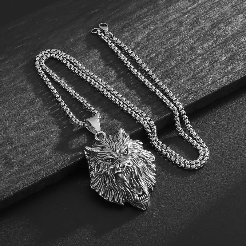 Planderful Viking Fenrir Wolf Head Pendant Necklace Stainless Steel Gold Plated Retro Polished For Norse Mythology Fans