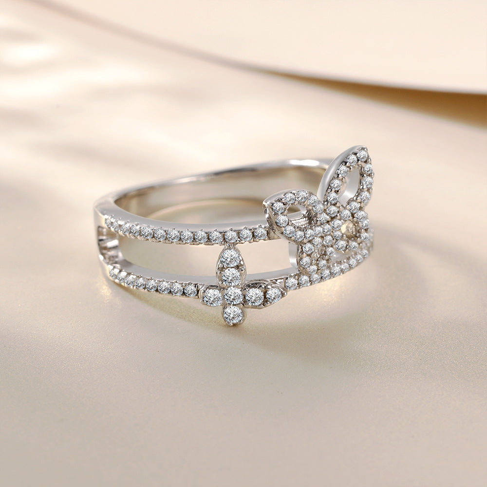 Hollow Butterfly Zircon Double Layer Sterling Silver Ring