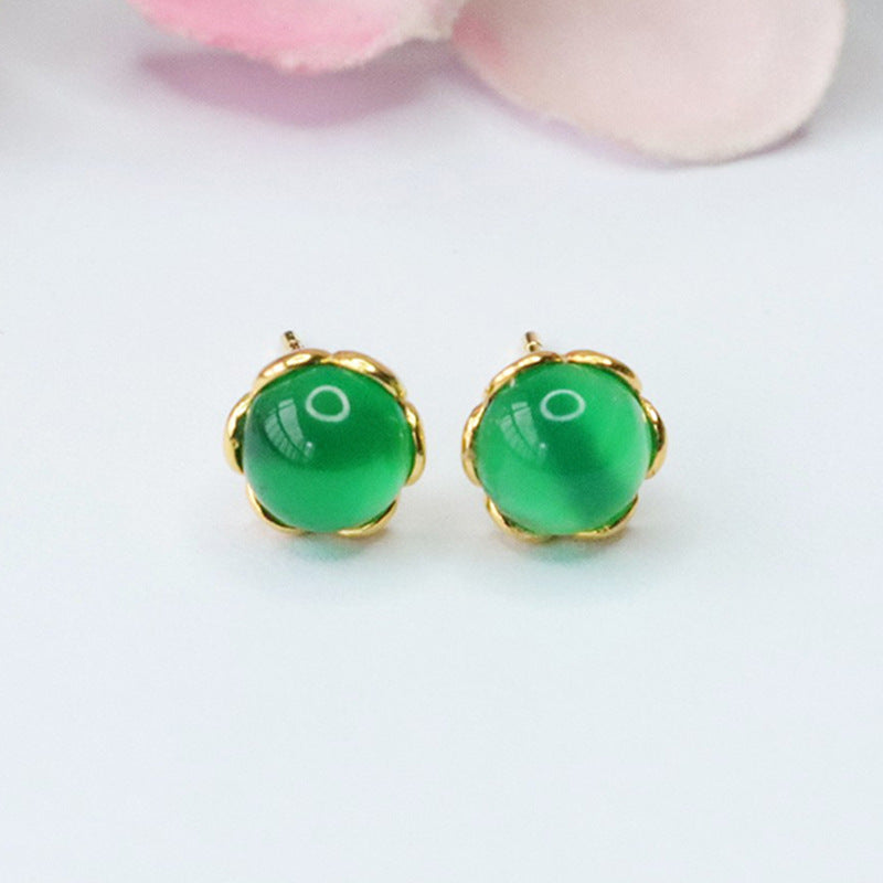 Green and Red Agate Sterling Silver Stud Earrings with Golden Petal Edge