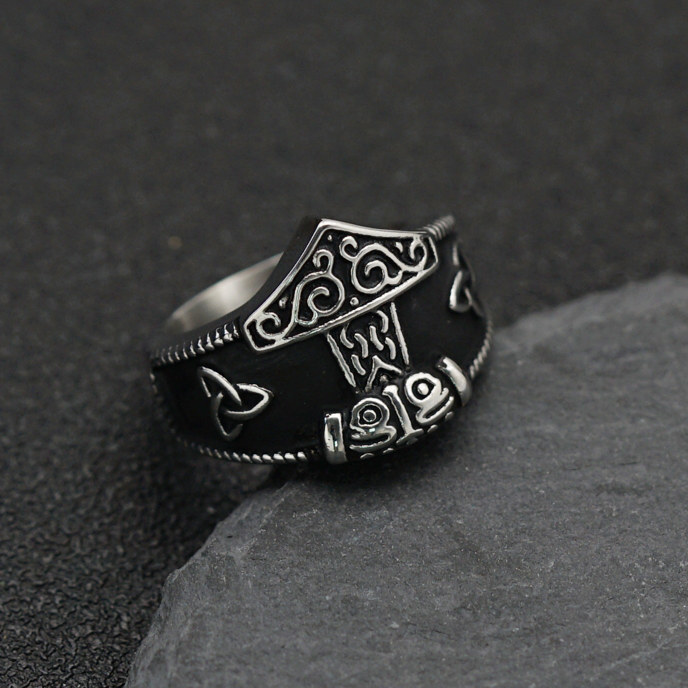 Planderful Viking Rune Ring Stainless Steel Unisex Protection Symbol Triangle Knot Bold Ring For Men And Women