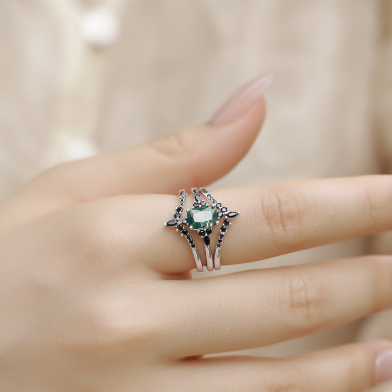 Planderful Jewelry Green Moss Agate Sterling Silver Ring Natural Rectangle V Shape Elegant Modern Ring