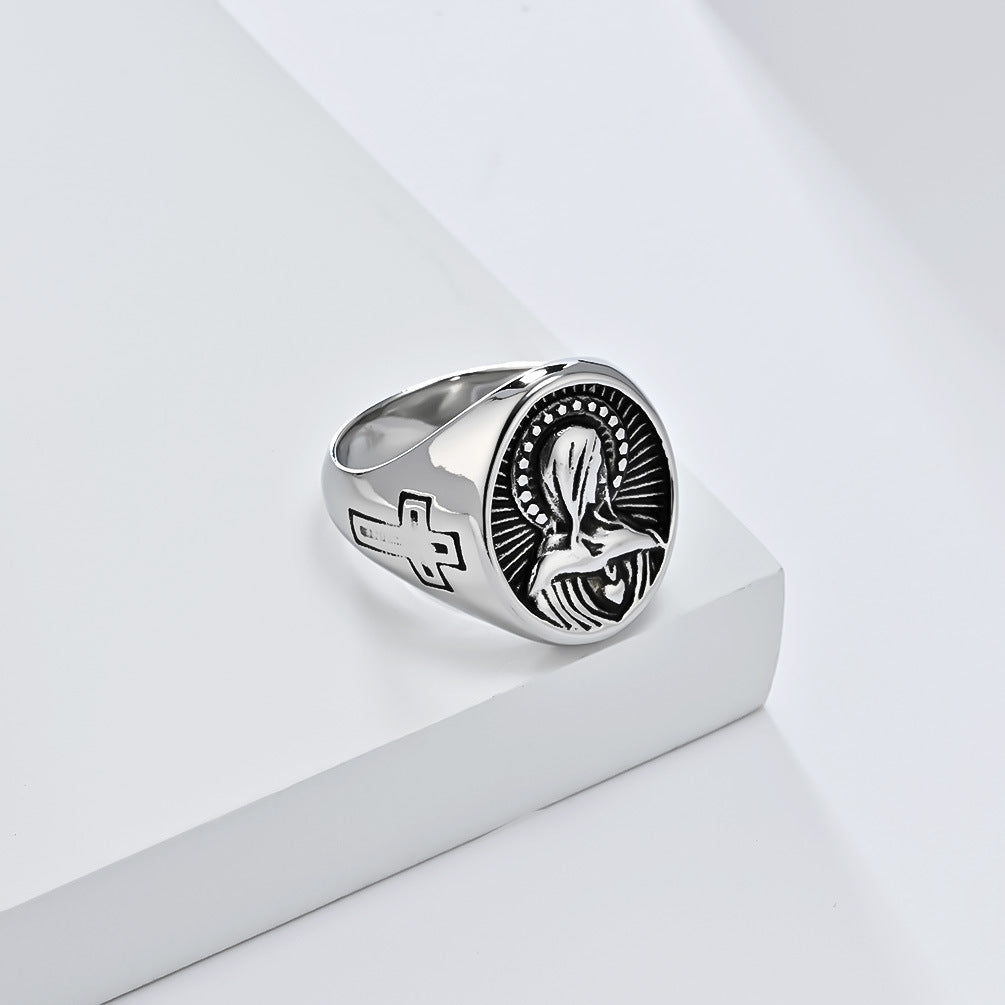Steel Ring – Vintage Virgin Mary Cross Design