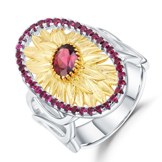 Oval Sunflower Natural Rose Pomegranate Silver Ring
