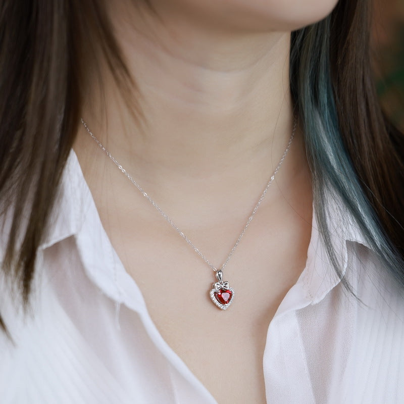 S925 Sterling Silver Gold-Plated Lab-Grown Ruby Heart Pendant Necklace