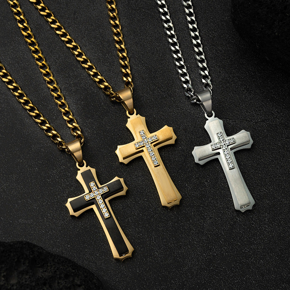 1. Planderful Cross Pendant Necklace in Titanium Steel with Three Layer Zircon for Unisex Elegant Gift