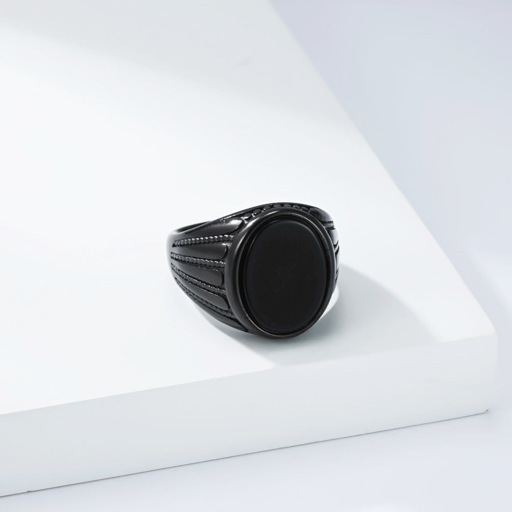 Black Gemstone Vintage Stainless Steel Ring for Men
