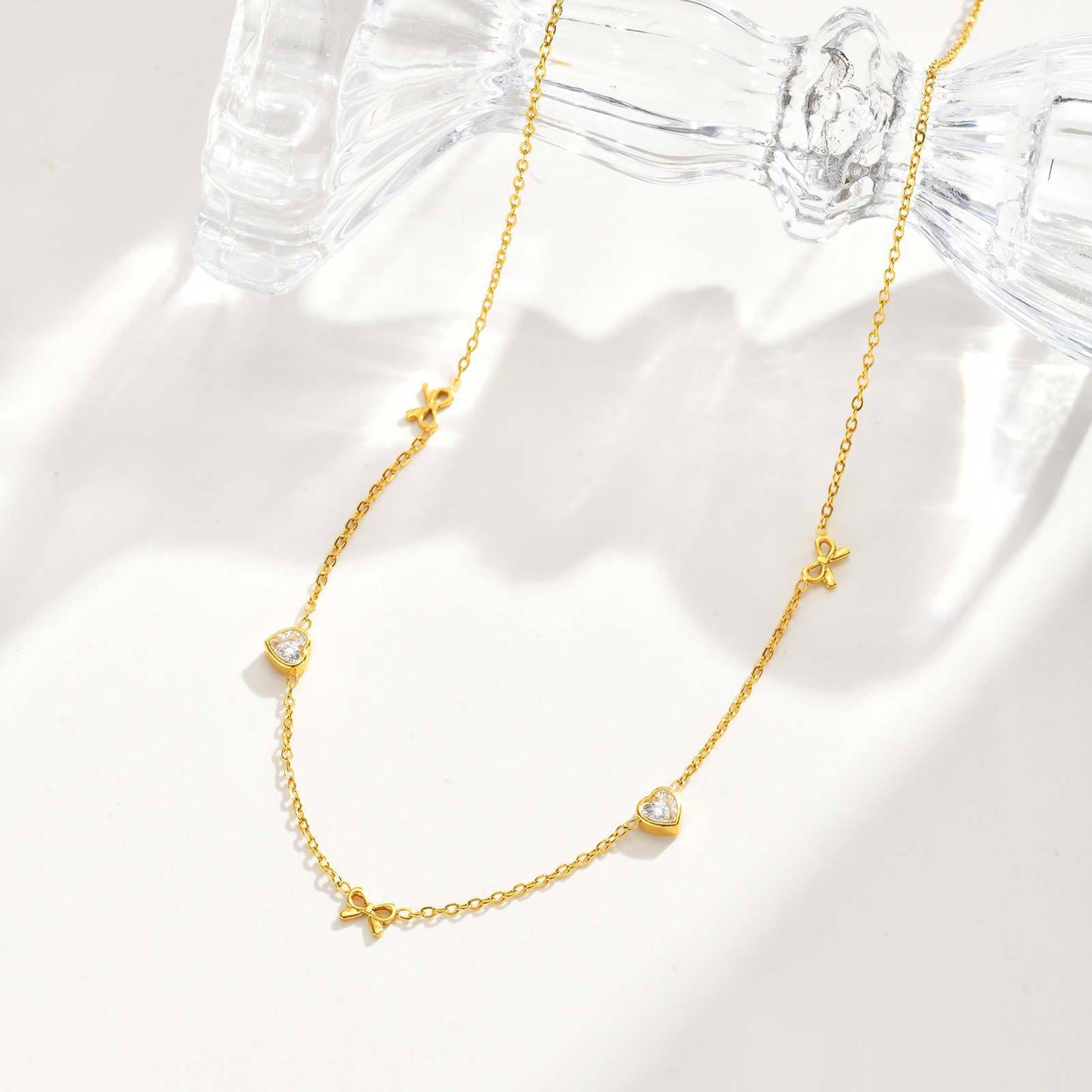 Stainless Steel Heart-Shaped White Zircon Cherry Heart-Shaped White Zircon Bow Necklace