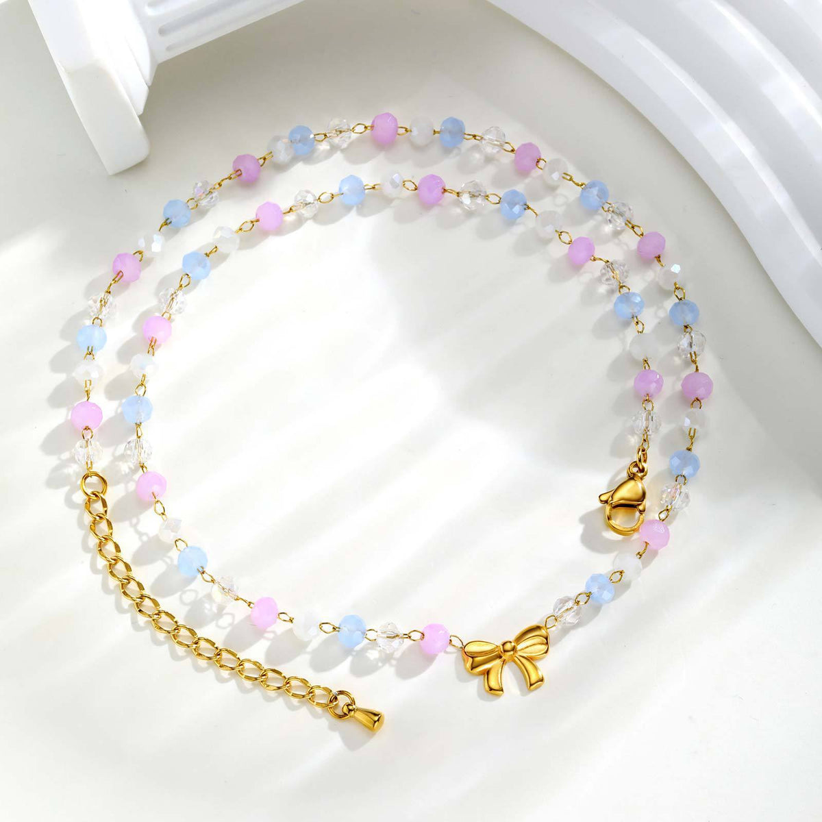 Ladies Sweet Little Fresh Stainless Steel Bow Color Gradual Change Bead Necklace
