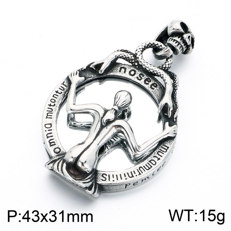 Dark Retro Old Dragonfly Snake Woman Fallen Angel Stainless Steel Men's Pendant Necklace