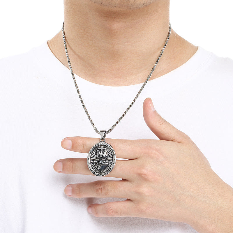 Double Sided Totem Guardian Charm Shield Pendant, Vintage Portrait Cross Sacred Heart Necklace