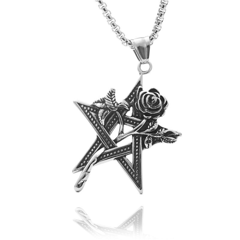 Customizable Titanium Steel Pentagram Rose Pendant Necklace for Men - Retro Punk Style