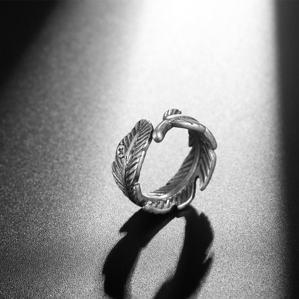 Titanium Steel Feather Ring for Men - European and American Design in Old White Bronze Finish