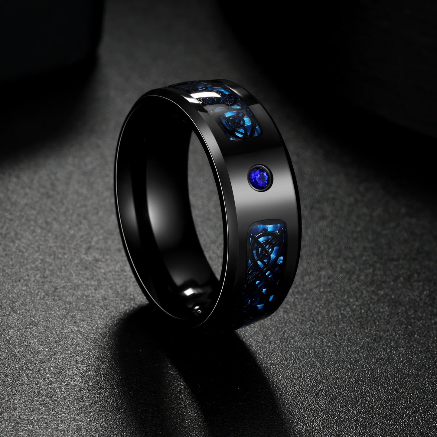 Planderful Dragon Ring for Men Blue Carbon Fiber Zircon